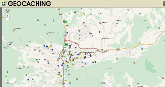 Geocaching - mapa umiestnenia skrýš v okolí BB