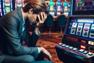 Muž sediaci v herni pri hracích automatoch sa drží za hlavu potom čo prehral celý majetok.